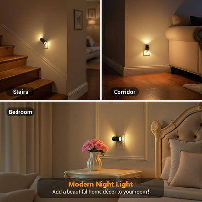 JandCase Motion Night Light, Rotating Night Lights Plug into Wall, 3 Colors 3000K-5000K-Amber, Dusk to Dawn & Motion Sensor, 3 Level Brightness Nightlight for Bathroom Bedroom Hallway [2 Pack]