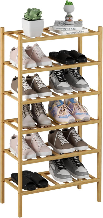 ROMGUAR CRAFT 3 Tier Bamboo Shoe Rack for Closet Free Standing Wood Shoe Shelf Storage Organizer for Entryway Small Space Stackable 27"x11"x20" (Natural)