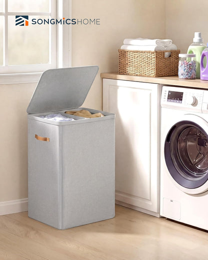 SONGMICS HOME Laundry Hamper with Lid, 2 Section Laundry Basket with Removable Liners and Handles, Foldable Clothes Sorter for Bedroom, Bathroom, Beige
