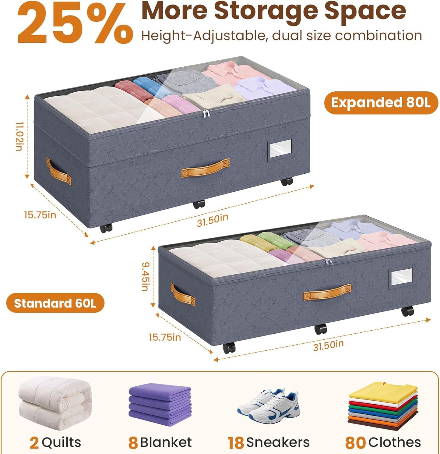 Budding Joy 80L 2 Pack Adjustable Under Bed Storage with Wheels | Underbed containers with clear lids, rolling under bed shoe storage organizer for dorm home clothes, blankets, toys, black