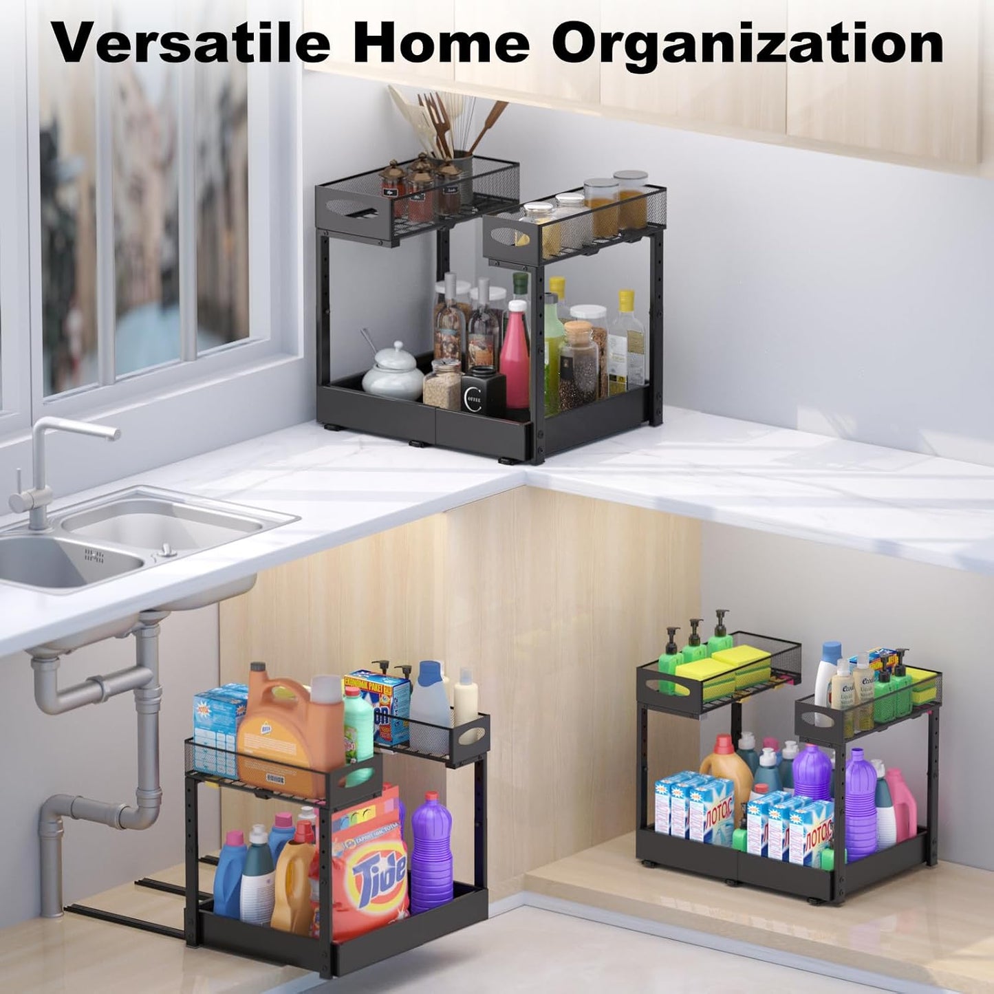 Housolution Under Sink Organizer, 2-Tier Pull Out Cabinet Organizers, Expandable Width 14"-21" & Adjustable Height 13"-17", Metal Cabinet Storage Rack with 3 Slide Rails for Kitchen Bathroom