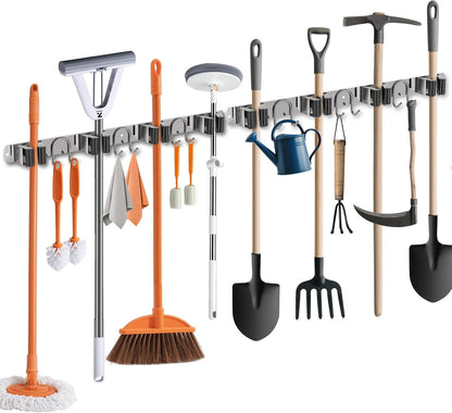 Broom Holder Wall Mount, Stainless Steel Mop Hanger with 4 Slots 6 Hooks, Tool Storage Wall Organizer for Kitchen Garden Garage Laundry Room Bathroom and RV, Black 1-Pack