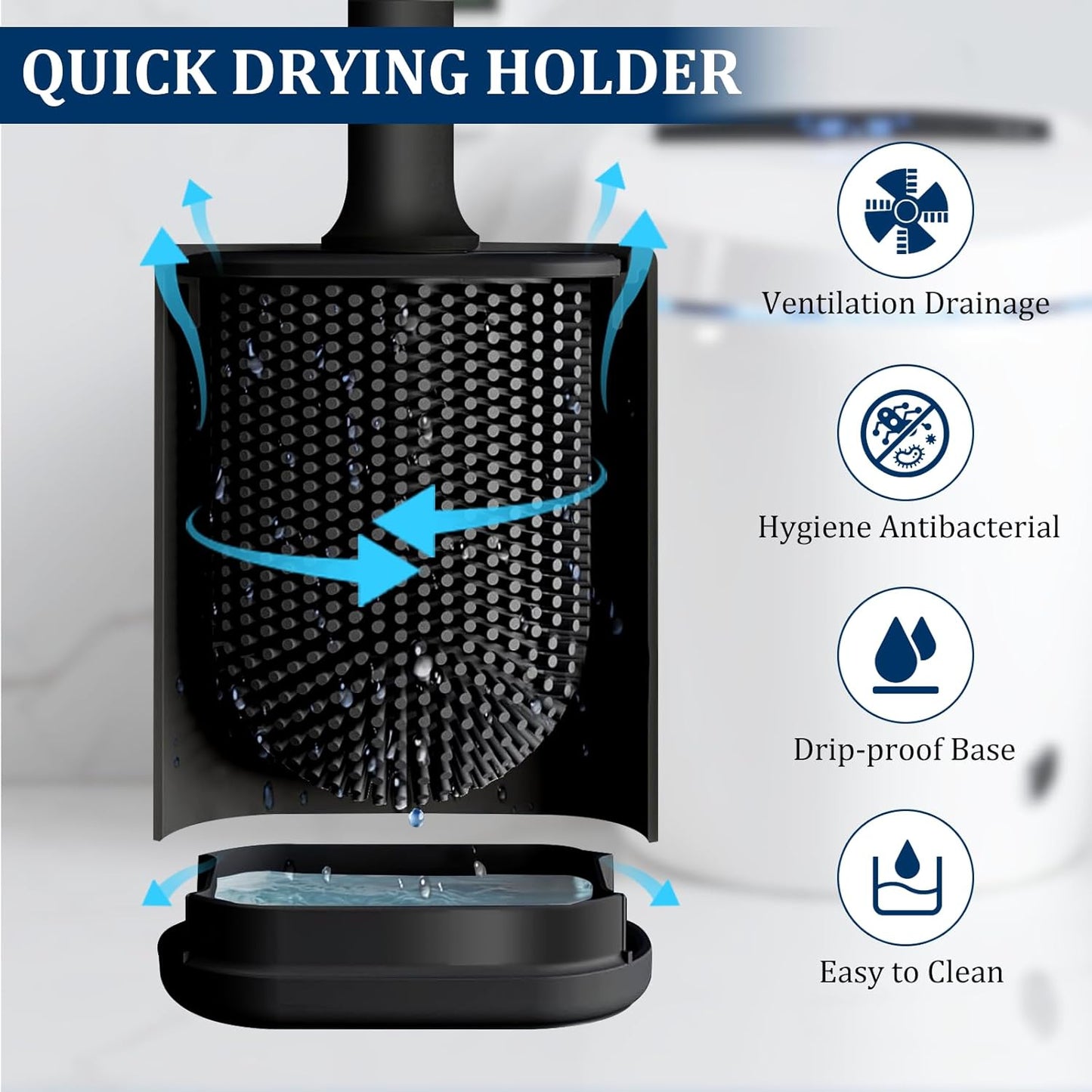 Silicone Toilet Brush and Holder Set, Toilet Brushes with Ventilated Holder, Wall Mounted Toilet Bowl Brush with Long Handle Bendable Brush Head, Black Toilet Brush Cleaner for Bathroom RV
