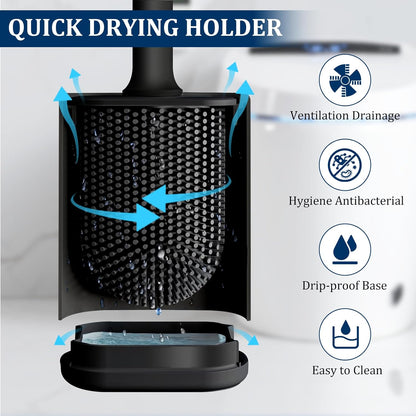 Silicone Toilet Brush and Holder Set, Toilet Brushes with Ventilated Holder, Wall Mounted Toilet Bowl Brush with Long Handle Bendable Brush Head, Black Toilet Brush Cleaner for Bathroom RV
