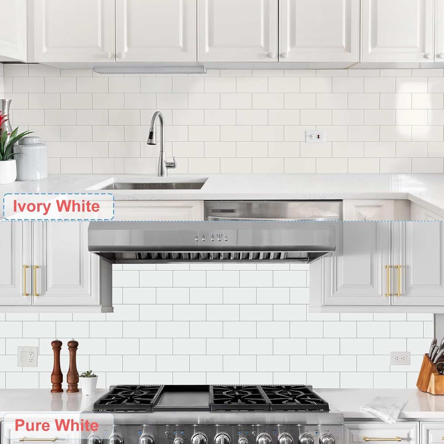 10- Sheet Polished White Peel and Stick Backsplash, 12’’Luxury PVC Ceramic Look Self Stick Subway Tiles, Waterproof Peel and Stick Wall Tiles for Kitchen and Bathrrom