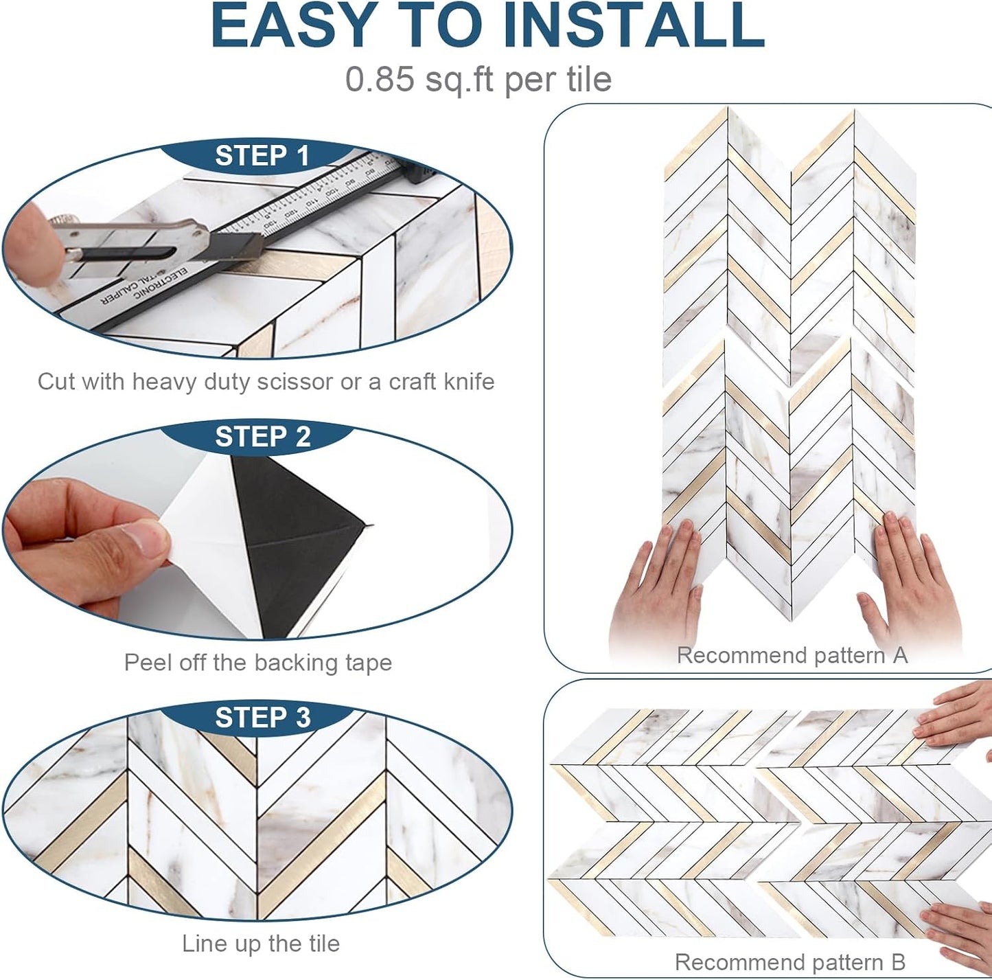 Yipscazo 10-Sheet Herringbone Backsplash Peel and Stick Tile, Polished White PVC Stick on Backsplash for Kitchen, Waterproof Self Adhesive Wall Tile for Bathroom