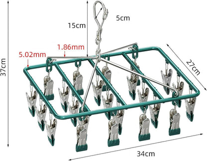 Drying Rack for Sock, Stainless Steel Sock Drying Rack with 23 Clips, Swivel Hook Windproof Hanger for Sock, Laundry, Hat, Scarf, Bras, Towel, Underwear, Pants, Gloves (White)
