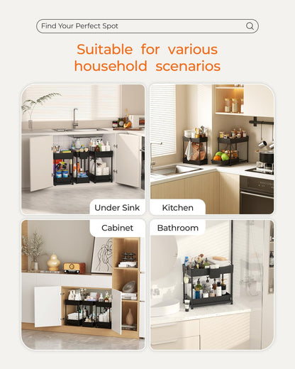 Sevenblue 3-Pack 2-Tier Under Sink Organizers with Sliding Drawers | Multi-use kitchen & bathroom storage, 12.8 inch black cabinet organizer, space-saving sliding drawer design.