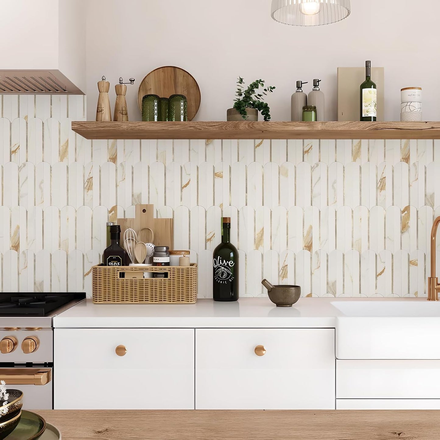 Vamos Peel and Stick Backsplash Seamless Tile for Kitchen and Bathroom,White and Beige Slate PVC Mixed Light Gold Self Adhesive Fish Scale Metal Mosaic Tiles (10 Sheets)