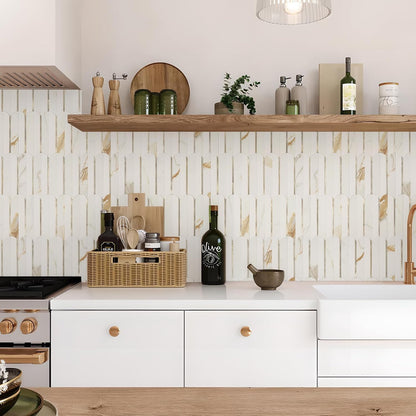 Vamos Peel and Stick Backsplash Seamless Tile for Kitchen and Bathroom,White and Beige Slate PVC Mixed Light Gold Self Adhesive Fish Scale Metal Mosaic Tiles (10 Sheets)