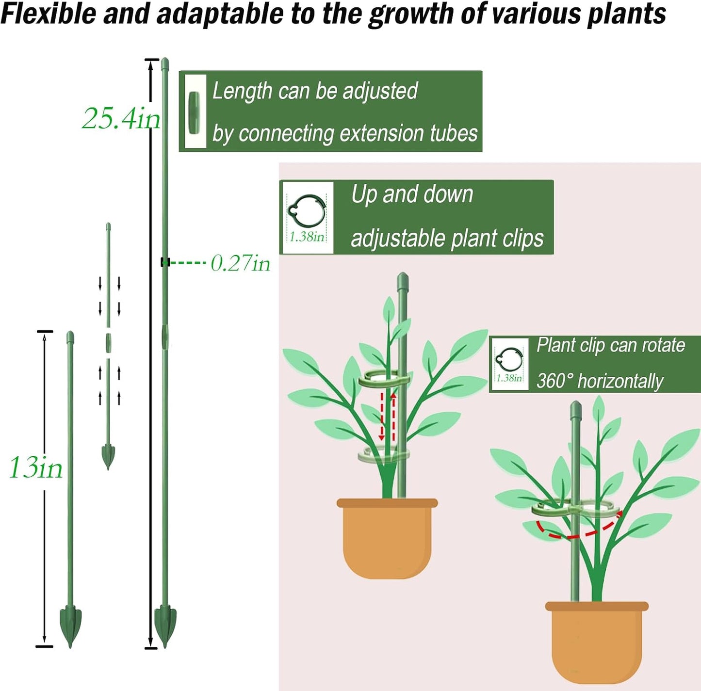 Plant Stakes for Indoor Plants, Height Adjustable Plant Stake with Clips, Durable Support Pole for Indoor Monstera, Orchid, Tomato & Potted Plants (13 Inches, 10 Green & 2 Black)