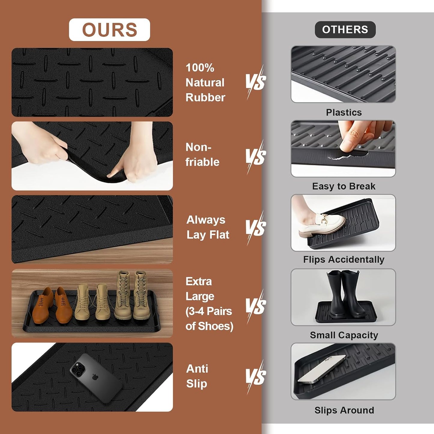 Heavy Duty Boot Trays Natural Rubber Shoe Mat Tray for Entryway with Shoes Brush Large Boot mat Tray Multi-Purpose for Indoor or Outdoor