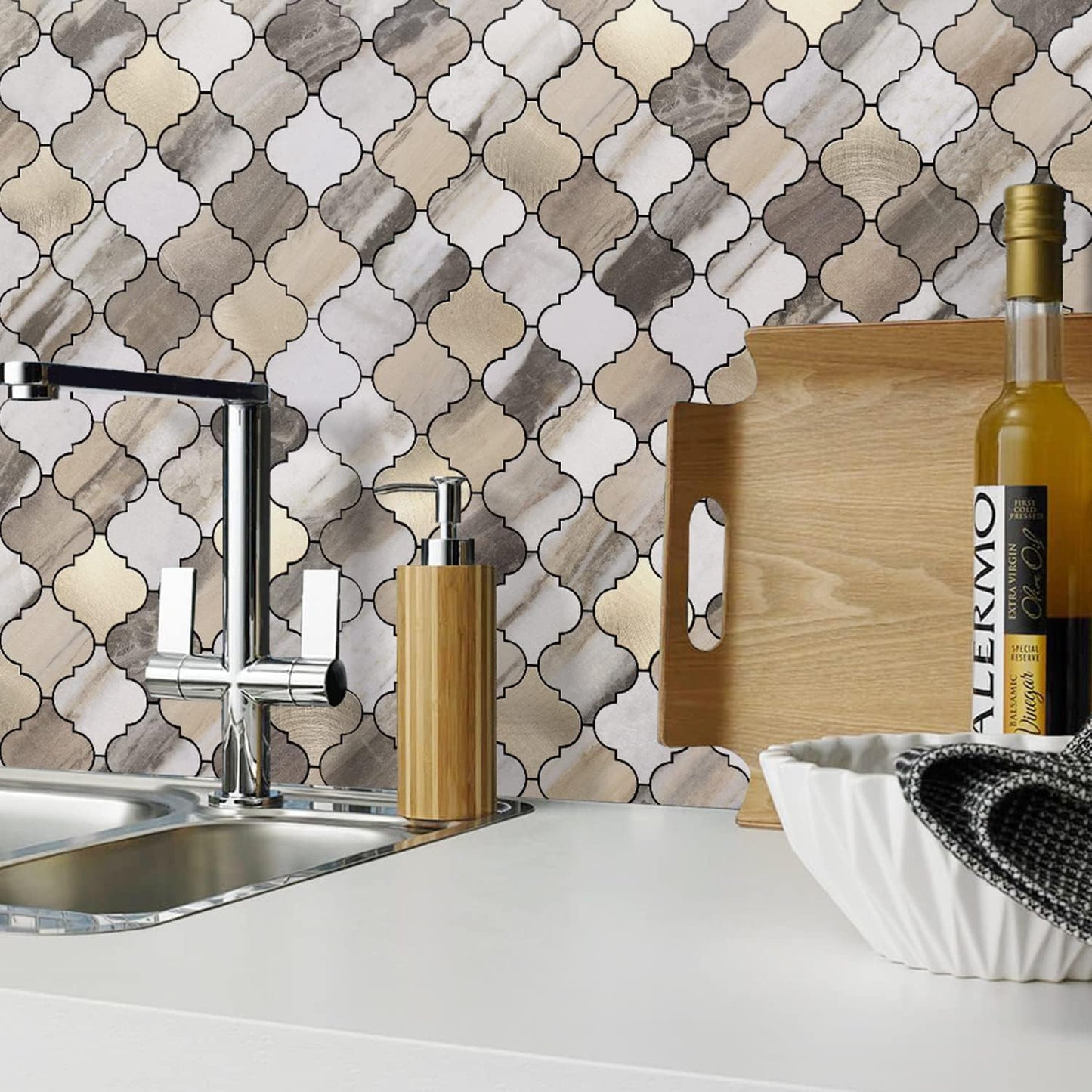 STICKGOO Arabesque Peel and Stick Backsplash Tile, Stick on Backsplash for Kitchen and Bathroom, Beige Marble Look PVC Mixed Metal Aluminum Mosaic Tiles (10 Sheets)
