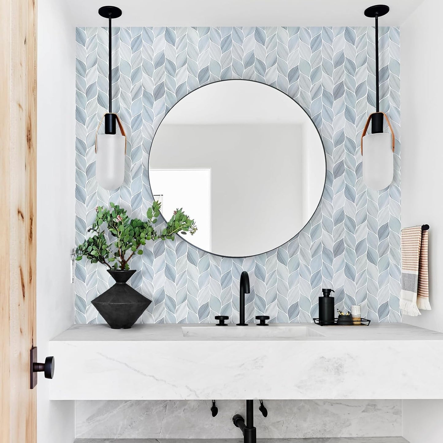 Tilingview 10 Pcs Vinyl Leaf Peel and Stick Tile for Kitchen Backsplash, Premium Self-Adhesive Tiles Plastic Wall Stickers Art Mosaics (Blue Gray)