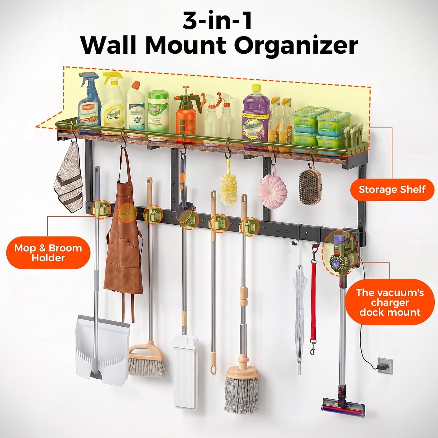 Broom Holder Wall Mount with Shelf,Broom Hanger,3 in 1 Broom and Mop Organizer Wall Hanging for Laundry,Garage,Utility,Broom Rack,Vacuum Stand Alternative,Cleaning Supplies Organizer Storage,White,L