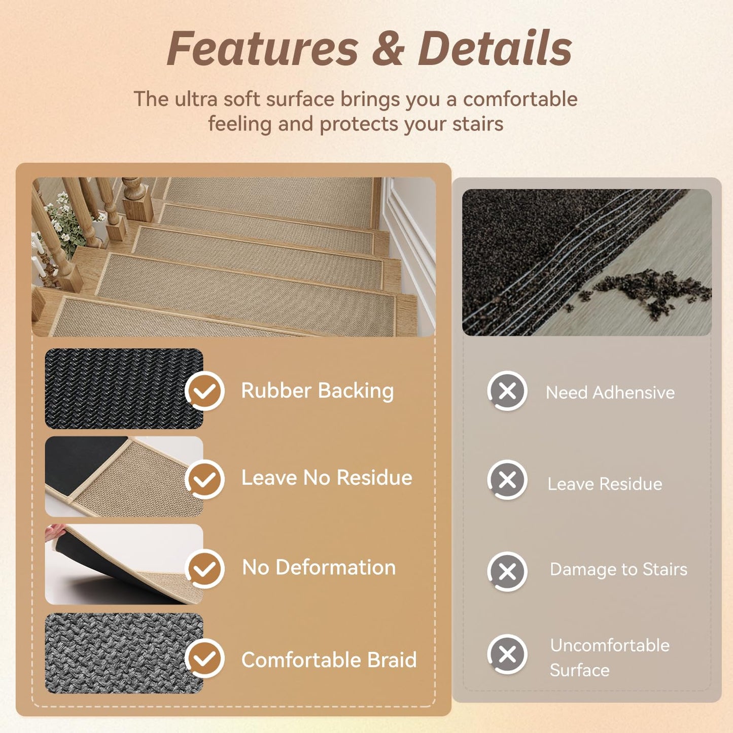 PADOOR Stair-Treads Non Slip 15PCS, Stair Treads for Wooden Steps Rubber Backing Indoor, Stair Carpet Residue Free, Stair Runner Durable Stair Rug for Kids and Dogs 8"x30" Beige