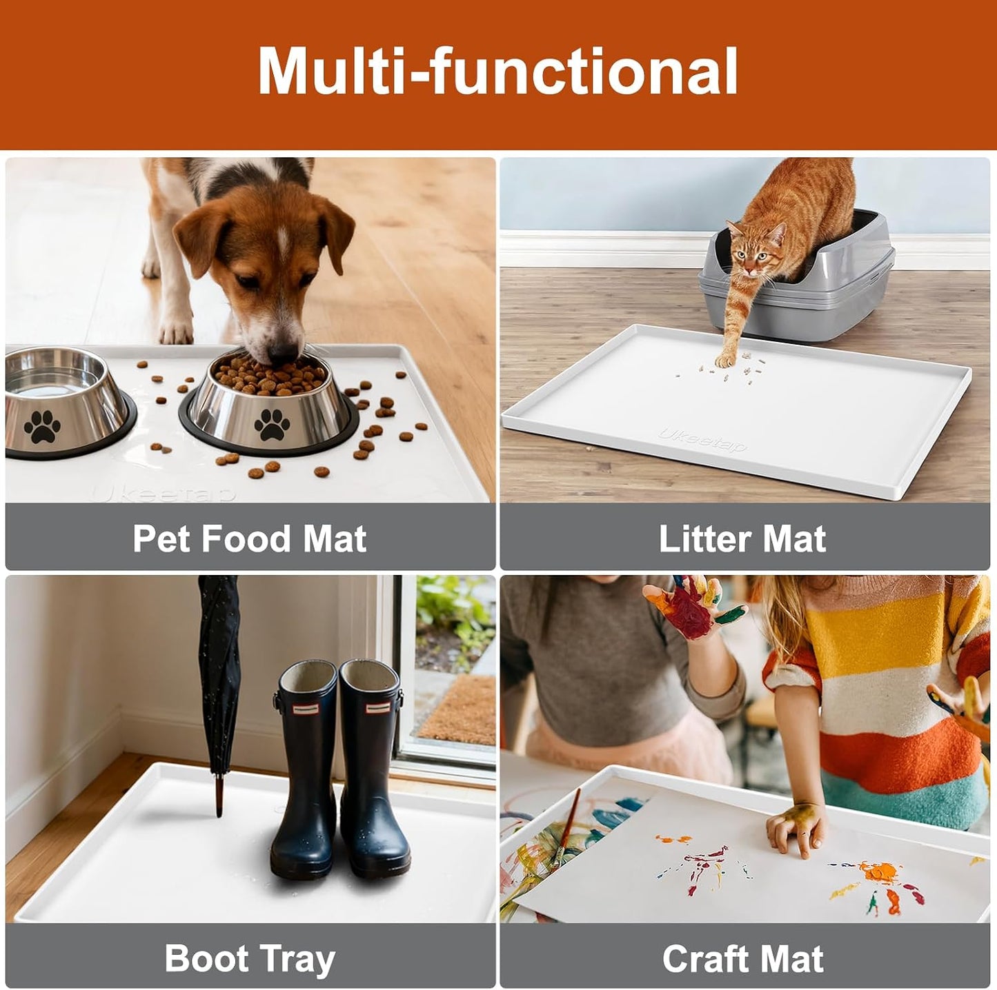 ukeetap Extra Thick Silicone Mat Waterproof with Raised Edge 19” x 12”, BPA Free Non-Slip Dog & Cat Food Mat, Feeding Mat for Food and Water Bowls, Spill Proof Mat to Protect Floors, Black