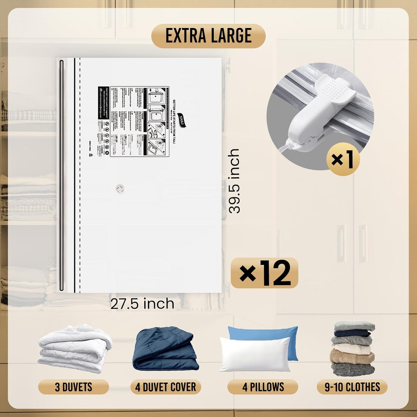 TAILI 8 Pack Jumbo Vacuum Storage Bags, 39x28 inch, LONG SIDE ZIP Vacuum Seal Bags for Clothing, Space Saver for Beddings, Comforters, Blankets, Pillows