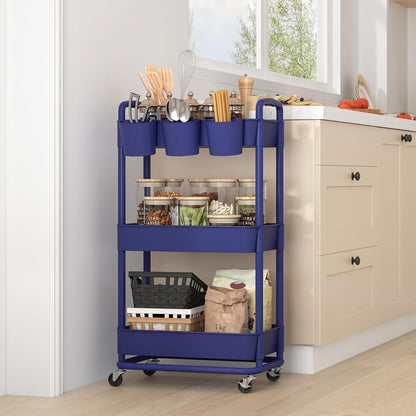 JIUYOTREE 4-Tier Plastic Rolling Storage Cart Utility Cart with Extra Hanging Cups Handles Lockable Wheels for Living Room Bathroom Kitchen Office White