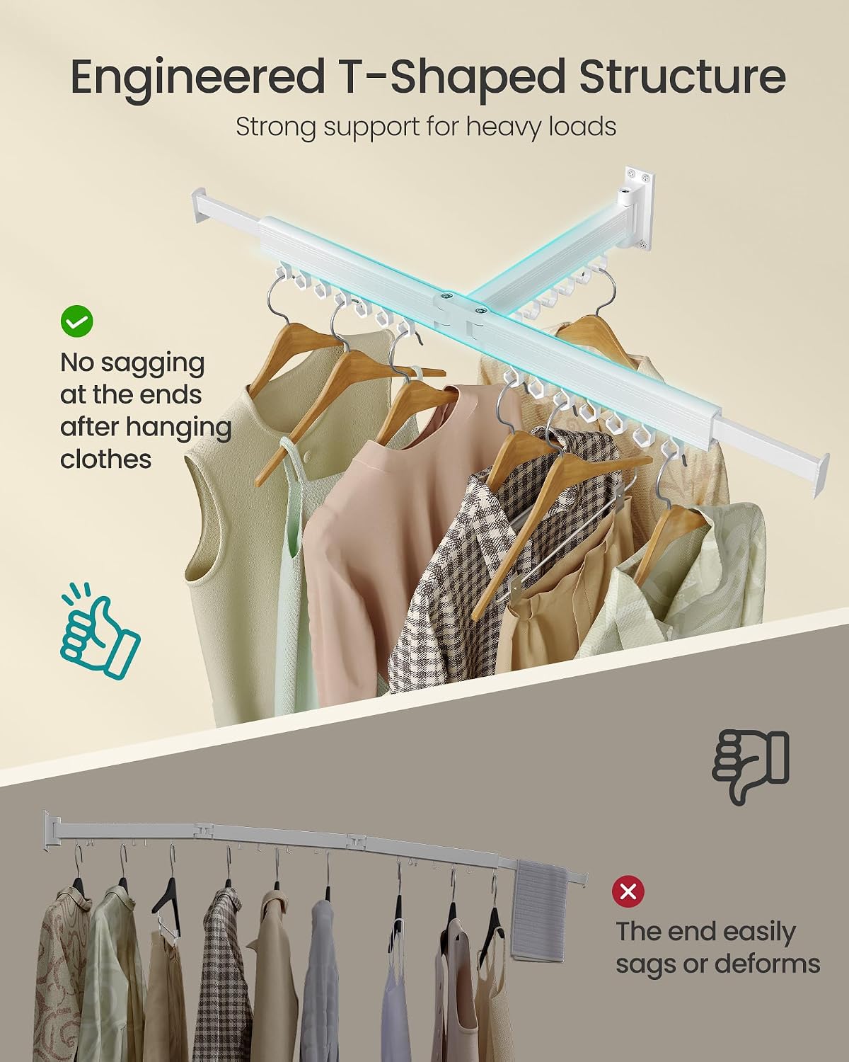 SONGMICS Clothes Drying Rack, Wall-Mounted Laundry Drying Rack, Extendable, Foldable Arms, with 21 Swivel Sliding Hooks, Space-Saving, for Laundry Room, Bathroom, Cloud White ULLR807W01