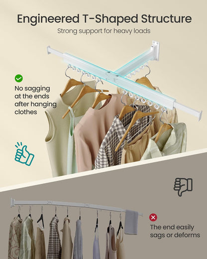 SONGMICS Clothes Drying Rack, Wall-Mounted Laundry Drying Rack, Extendable, Foldable Arms, with 21 Swivel Sliding Hooks, Space-Saving, for Laundry Room, Bathroom, Cloud White ULLR807W01