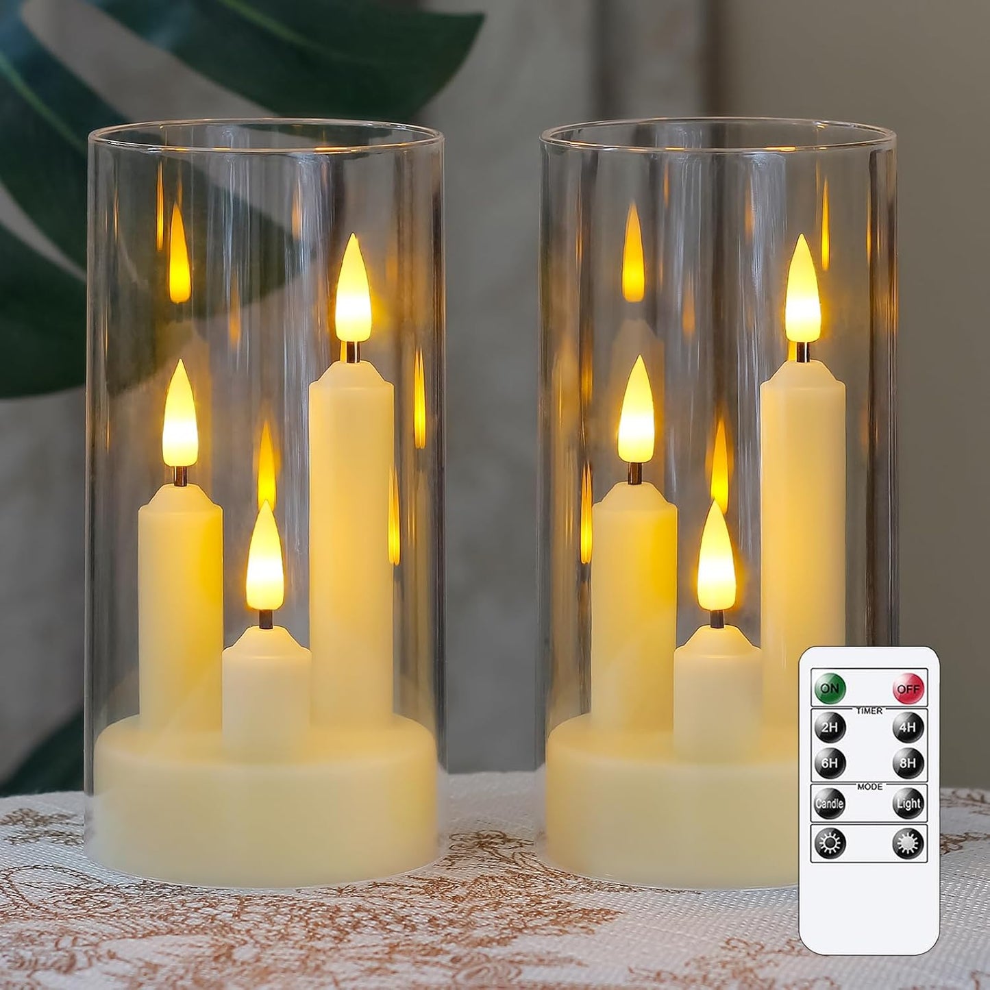 3 in 1 Flameless Taper Short Candles with 10 Key Remote Control and Timer, Battery Operated Pack of 2 LED Acrylic 3" x6" Grey Pillar Flickering Warm Light