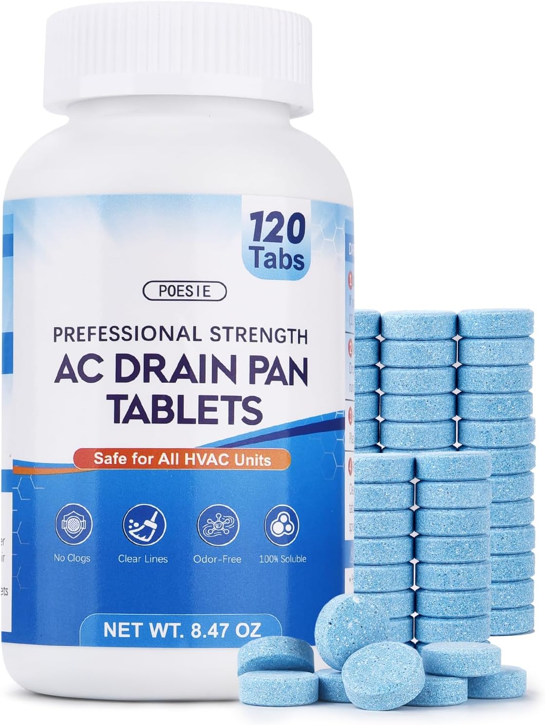 Poesie AC Drain Pan Tablets 120 Count, Condensate Tablets, Non-Clog Pan Cleaner, Effective Odor Control for All HVAC, Dehumidifiers and Appliance Pans