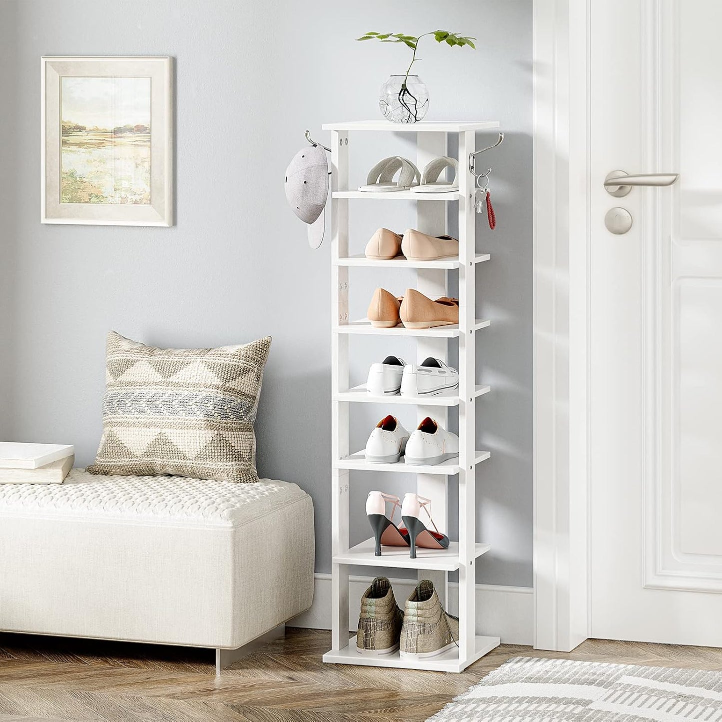 HOOBRO 8 Tiers Vertical Shoe Rack, Wooden Shoe Storage Organizer with Hooks, Narrow Shoe Tower for 8 Pairs, Space Saving, for Entryway, Living Room, Bedroom, Rustic Brown BF07XJ01G1