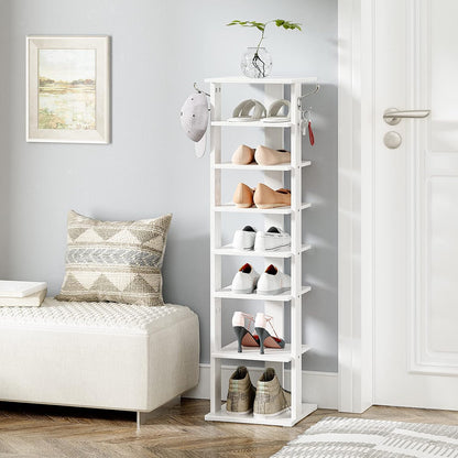 HOOBRO 8 Tiers Vertical Shoe Rack, Wooden Shoe Storage Organizer with Hooks, Narrow Shoe Tower for 8 Pairs, Space Saving, for Entryway, Living Room, Bedroom, Rustic Brown BF07XJ01G1