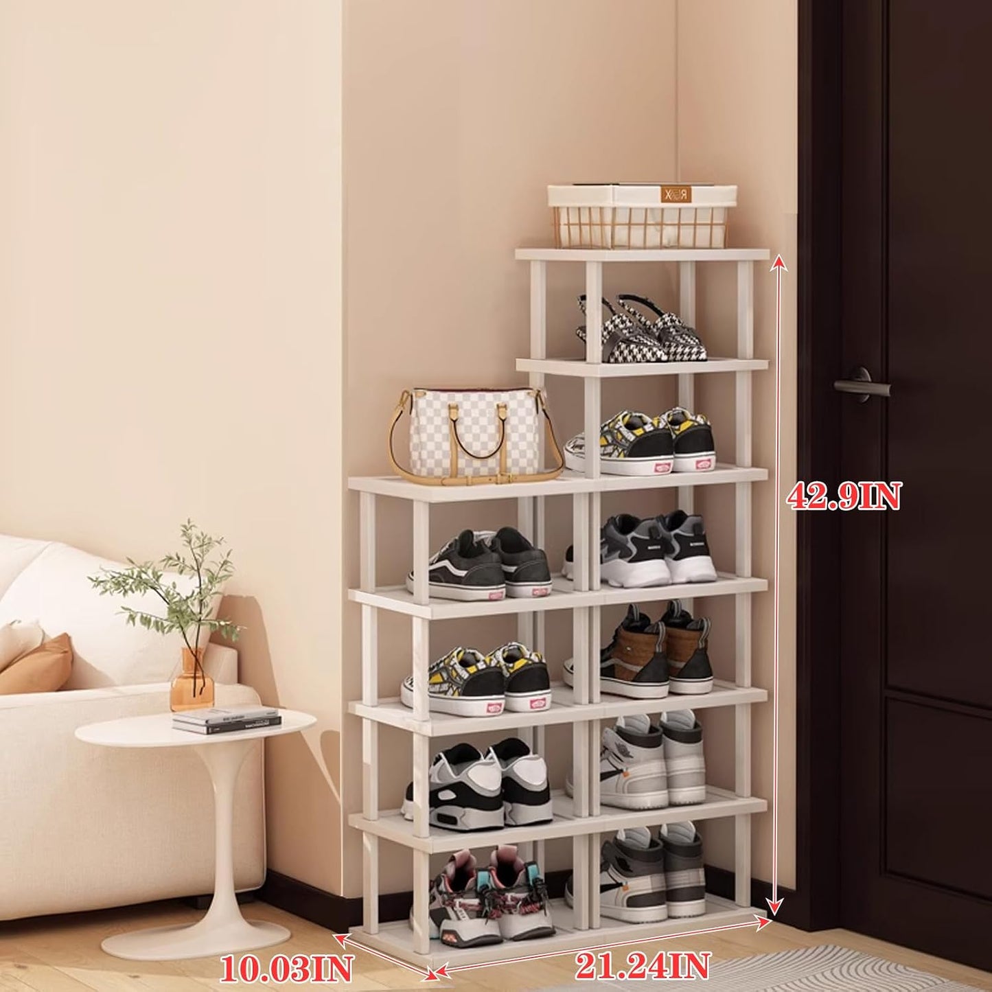 SAN HE 7-Tier Modern Bamboo Shoe Rack - Vertical, Slim, Space-Saving Shoe Organizer for Small Spaces, Closet, Entryway, Corner, Garage, Bedroom