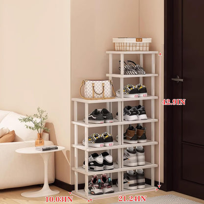 SAN HE 7-Tier Modern Bamboo Shoe Rack - Vertical, Slim, Space-Saving Shoe Organizer for Small Spaces, Closet, Entryway, Corner, Garage, Bedroom