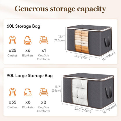 Lifewit 3 Pack 90L Clothes Storage Bins with Lids, Foldable Blanket Storage Bags with Zippers, Clear Window and Reinforced Handles, Closet and Organization for Clothing, Sweater, Comforter, Bedding
