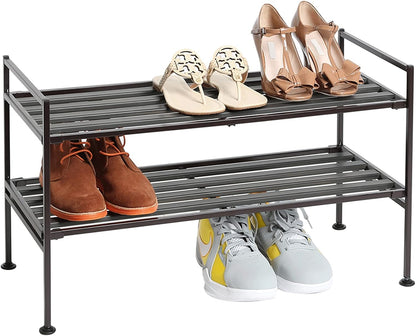 Seville Classics Sturdy Freestanding Storage Shelf for Bedroom, Closet, Entryway, Dorm Room Organizer Stackable Durable Metal Shoe Rack Ash Gray Slat, 3-Tier