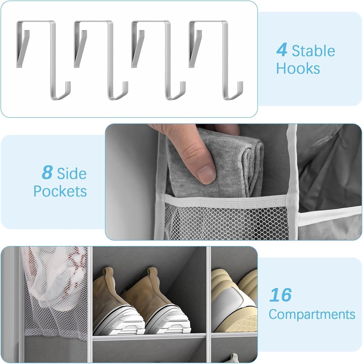 Yecaye 30 Pairs Over the Door Shoe Organizer, Large Capacity Hanging Shoe Rack for Door Hanger with Deep Pockets, Heavy Duty 10 Tier Shoe Holder for Sneakers Boots Heels College Dorm Essentials, Black