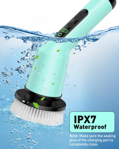 Shower Scrubber with Long Handle, Shower Cleaner Brush with 8 Floor Machine Pads, Cordless Electric Spin Scrubber for Cleaning with 2 Speed, Cleaning Supplies for Bathroom Bathtub Kitchen Floor Tile