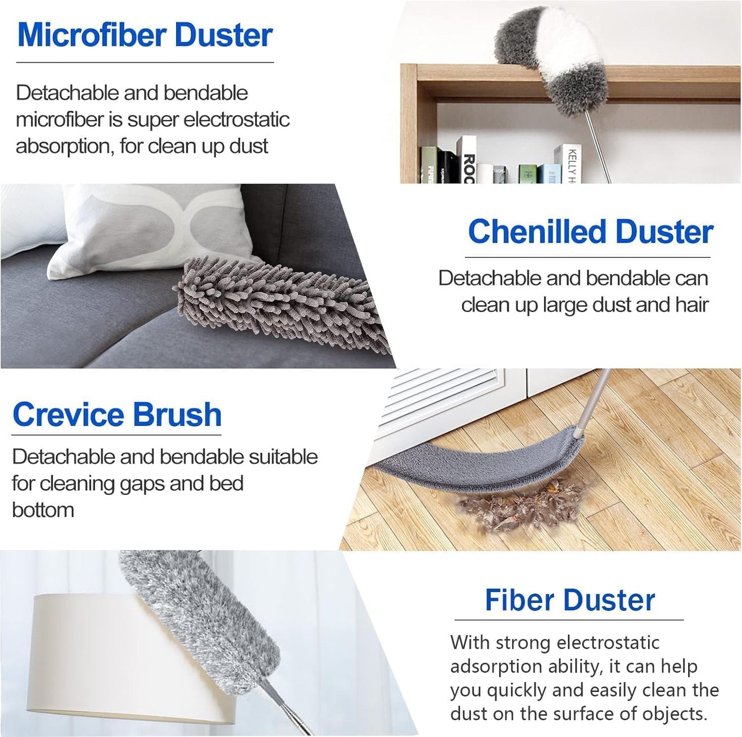 4 Pcs Microfiber Cobweb Duster with 100-inch Extendable Pole, Washable and Reusable Feather Cleaning Duster Kit with 3 Duster Heads,Dusters for Cleaning with Telescopic Pole for High Ceiling Fan