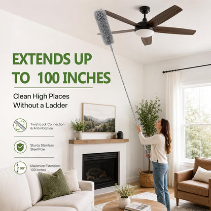 100-inch Duster with Extension Pole, 9-in-1 Cobweb Duster Kit Includes Spider Web Brush & Flat Gap Cleaner for High Ceiling, Fan, Under Appliances, Car, Home Deep Cleaning