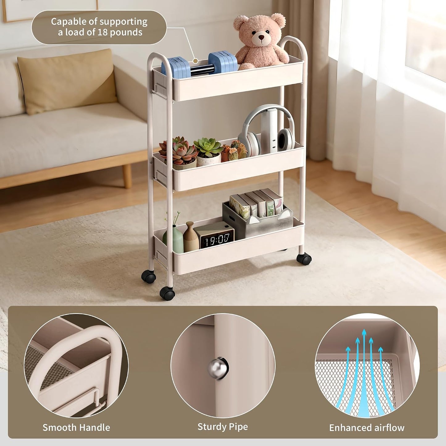 Slim Rolling Cart, Metal Frame Utility Rolling 3-Tier Narrow Storage Cart with Handle Kitchen Storage Organizer, Mobile Shelving Unit for Bathroom Kitchen