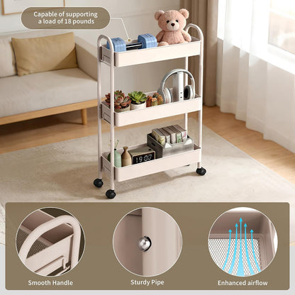 Slim Rolling Cart, Metal Frame Utility Rolling 3-Tier Narrow Storage Cart with Handle Kitchen Storage Organizer, Mobile Shelving Unit for Bathroom Kitchen