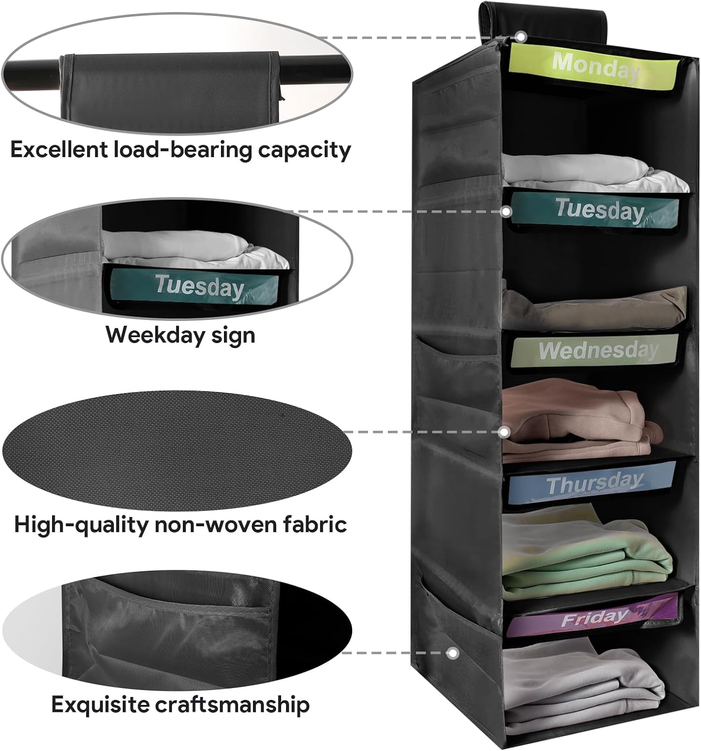 5-Shelf Weekly Clothes Organizer for Kids Days of The Week Hanging Storage Shelves Dorm Room Essential Daily Shelf Hanging Closet Organizer with 6 Side Pockets…