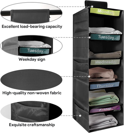 5-Shelf Weekly Clothes Organizer for Kids Days of The Week Hanging Storage Shelves Dorm Room Essential Daily Shelf Hanging Closet Organizer with 6 Side Pockets…