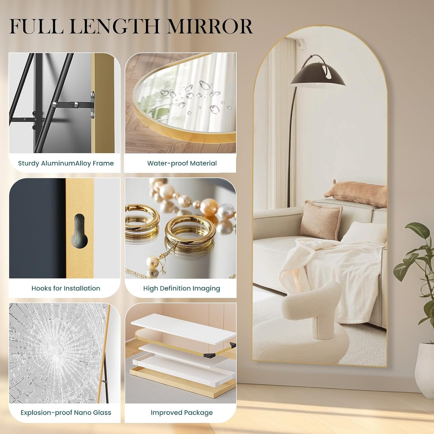 DUMOS 64"x21" Arched Full Length Floor Mirror, Full Body Mirror with Stand, Shatterproof Tempered Glass, Modern Aluminum Alloy Frame, Free Standing or Leaning for Home Decor, Gold