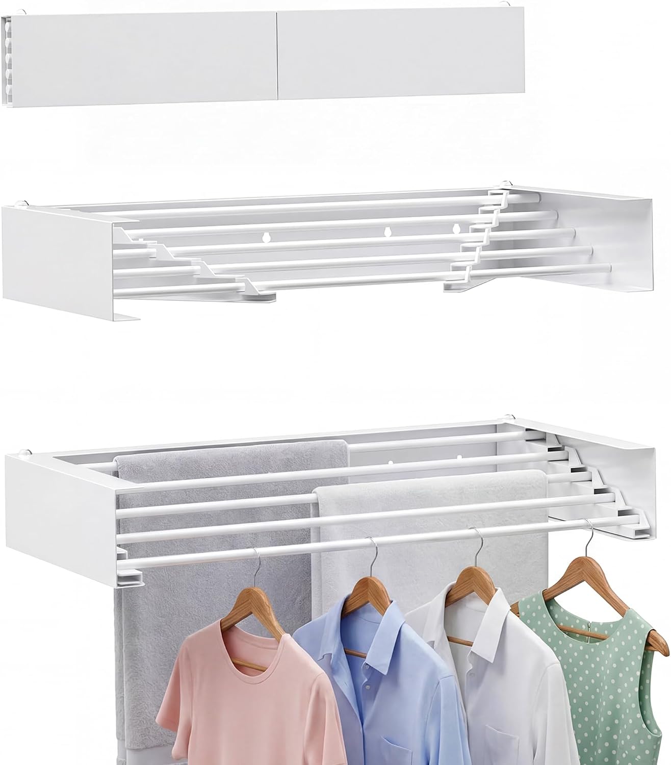 Wall Mounted Drying Rack, 23.6" Retractable Clothes Drying Rack, Heavy Duty 60LB Capacity with 4 Stainless Steel Rods, Foldable Laundry Rack for Indoor Laundry Room, Balcony & Bathroom