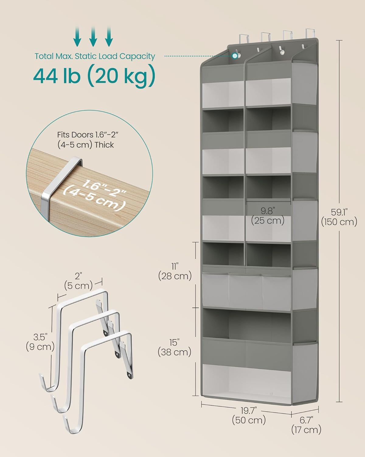 SONGMICS Over-the-Door Organizer, 9-Compartment Door Hanging Storage Shelf, Foldable Closet Hanging Organizer, Heavy-Duty, Metal Hooks, Transparent, Dove Gray URDH009GD01