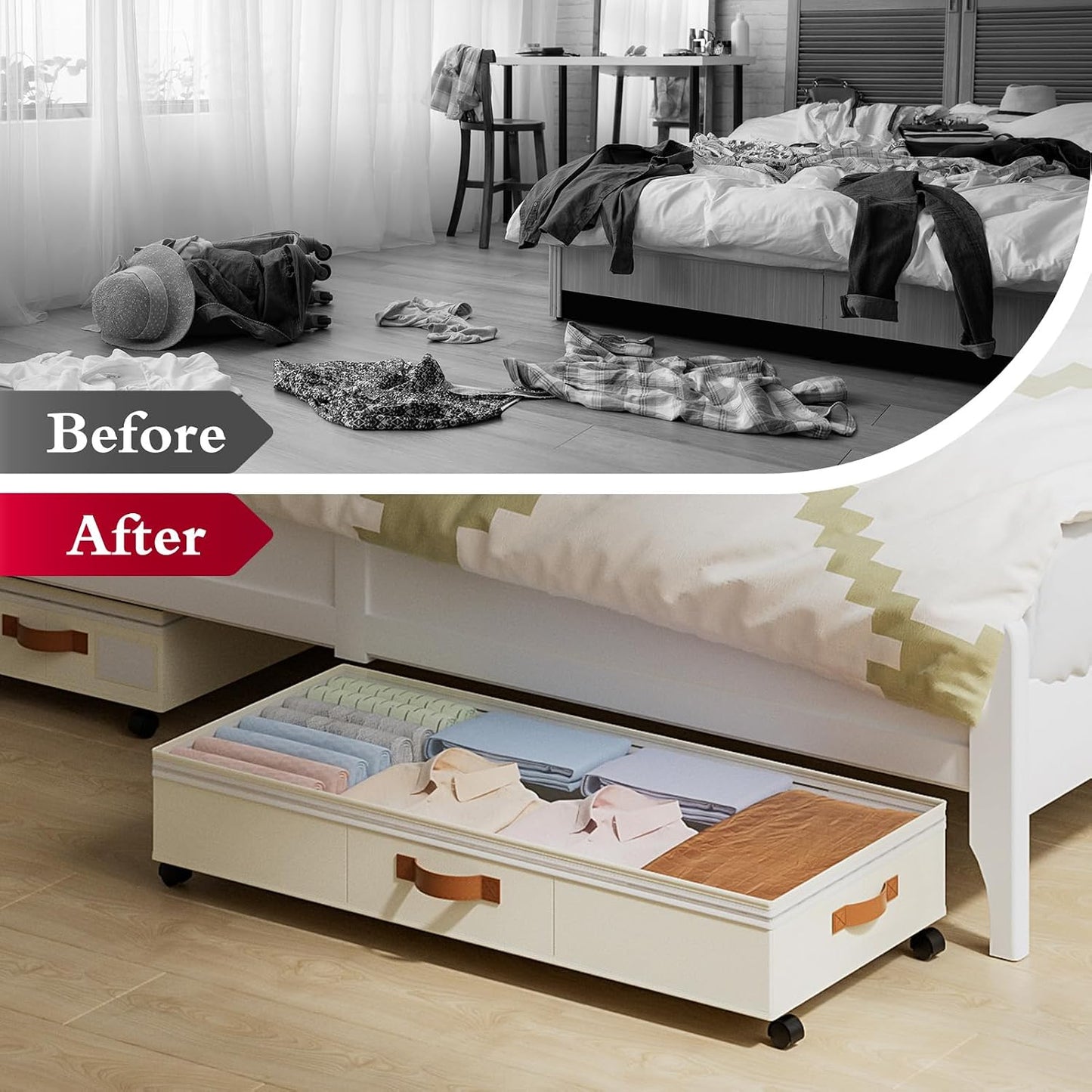 Yecaye Under Bed Storage with Wheels, 2 Pack Under Bed Storage Containers with Adjustable Dividers & Clear Lid, Rolling Underbed Organizer Bins Drawer for Clothes, Shoes, Blankets(30.3 x 16 x 6.7in)