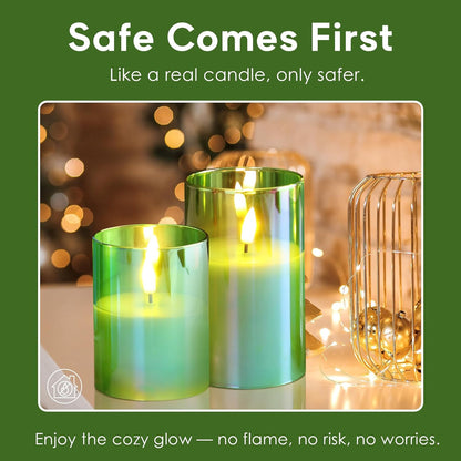 Eywamage Gold Glass Flameless Pillar Candles with Remote, Flickering Christmas LED Candles Battery Operated Set of 3