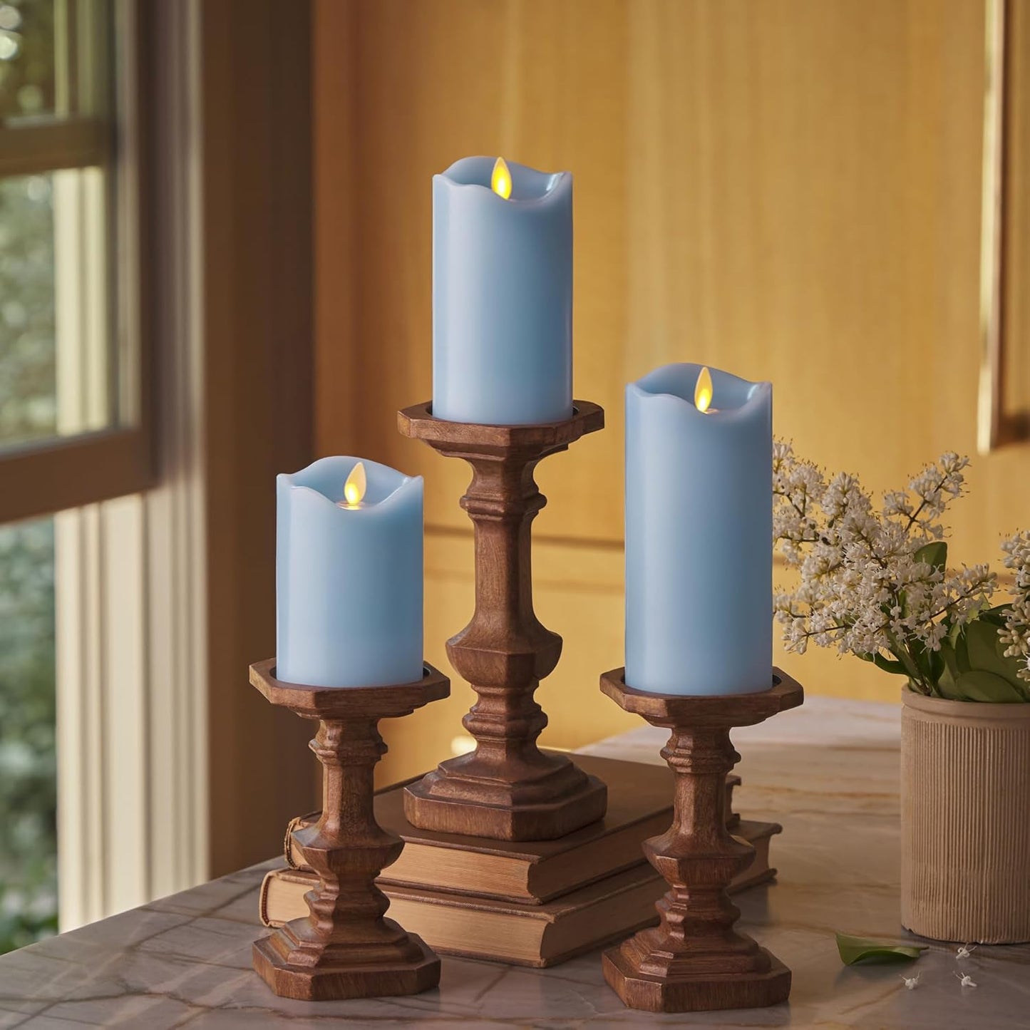 Matchless Candle Co. by Luminara Set of 3 Flameless LED Flickering Moving Flame Pillars (3" x 4.5", 5.5", 6.5"), Melted Unscented Real Wax Edge w/Smooth Finish, AA Battery Operated, Pearl Ivory