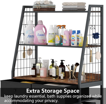 STIKELY Laundry Hamper Laundry Basket with 3 Section Pull-Out Rolling Bags, Laundry Sorter for Organization and Storage with 2 Pull-Out Drawers for Laundry Room, Bathroom, Bedroom Use (Rustic Brown)