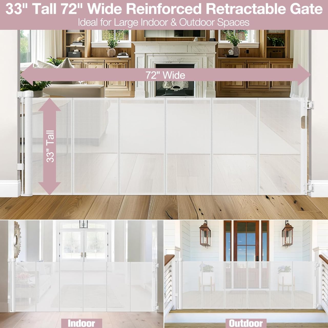 Reinforced 72" Wide Retractable Dog Gate with Support Rods - Prevent Crawling Under Extra Wide Baby Gate Retractable Gate Outdoor, Retractable Pet Gate Long Dog Gate, Mesh Gates for Kids or Pets, Gray