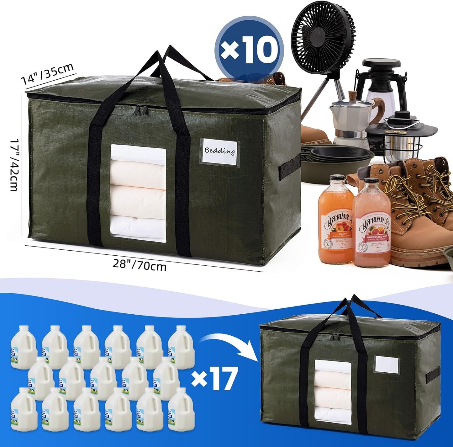 TAILI Extra Large Moving Bags, 4 Pack Blue Heavy Duty Totes For Storage with Visible Window, Wrap Around Handles, Storage Bags for Space Saving, Alternative to Moving Boxes